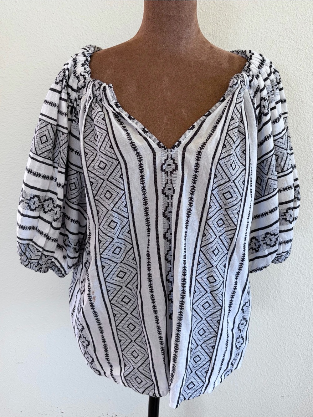 Velvet Black & White Embroidered Peasant Blouse